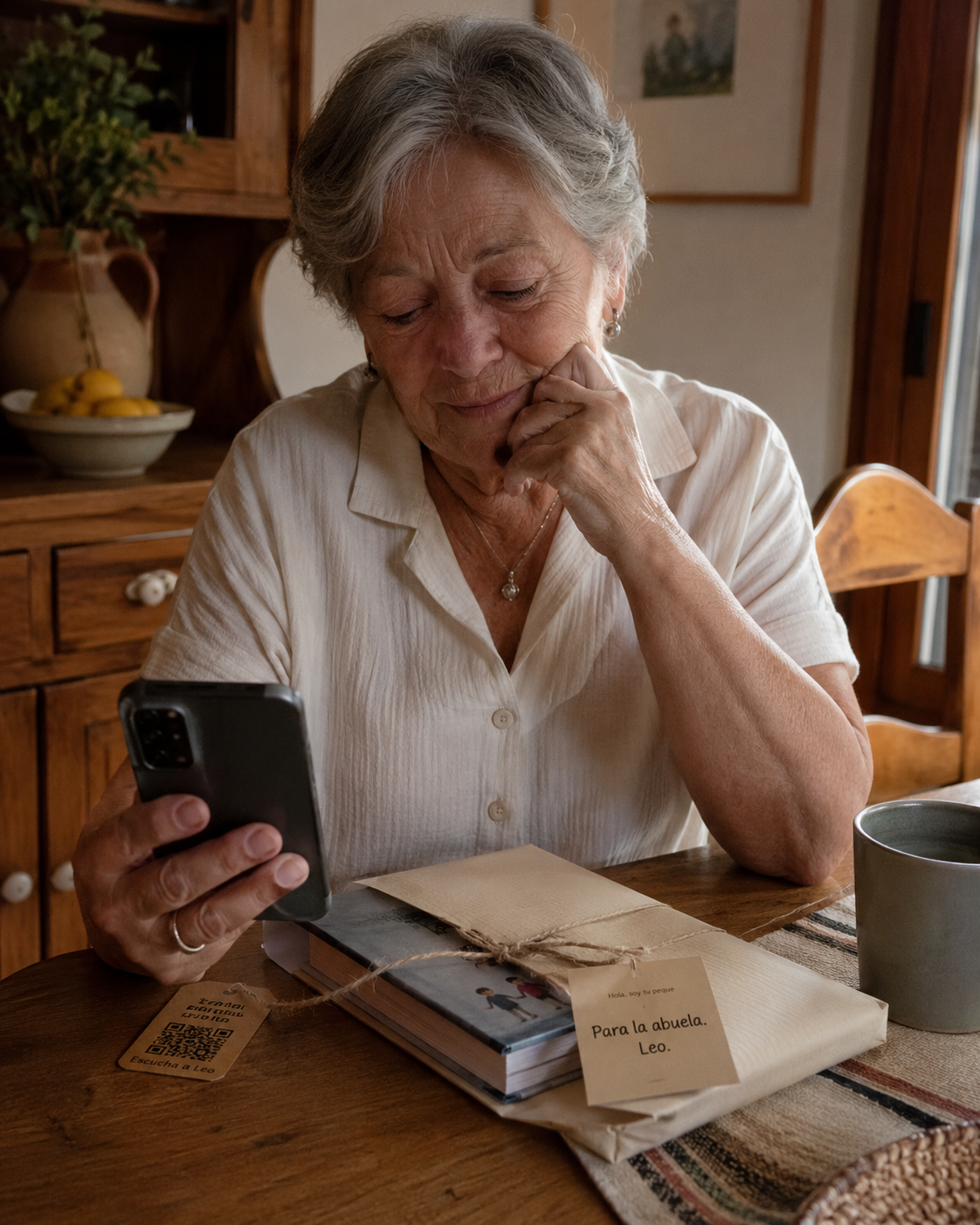 Una abuela escanea la etiqueta QR de su regalo y escucha el mensaje