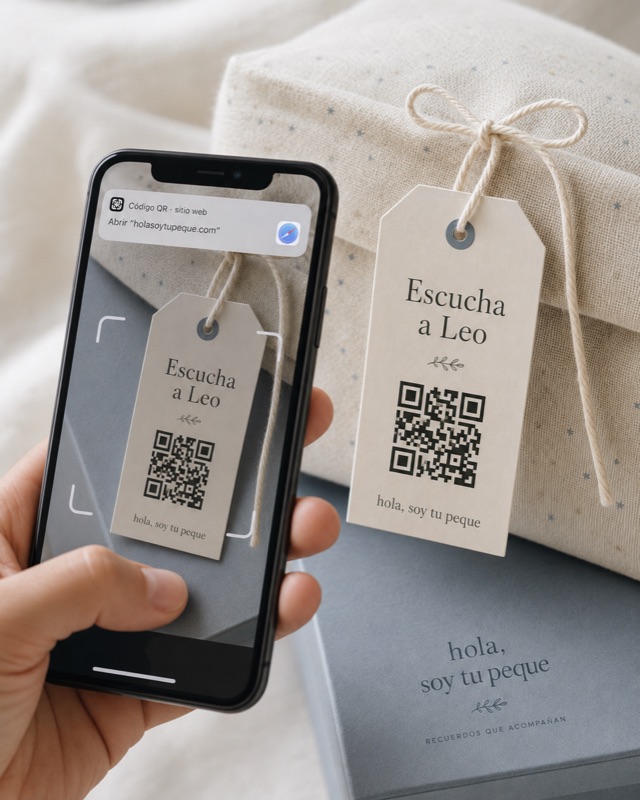 Un móvil escanea la etiqueta QR «Escucha a Leo» que cuelga de un regalo envuelto en tela