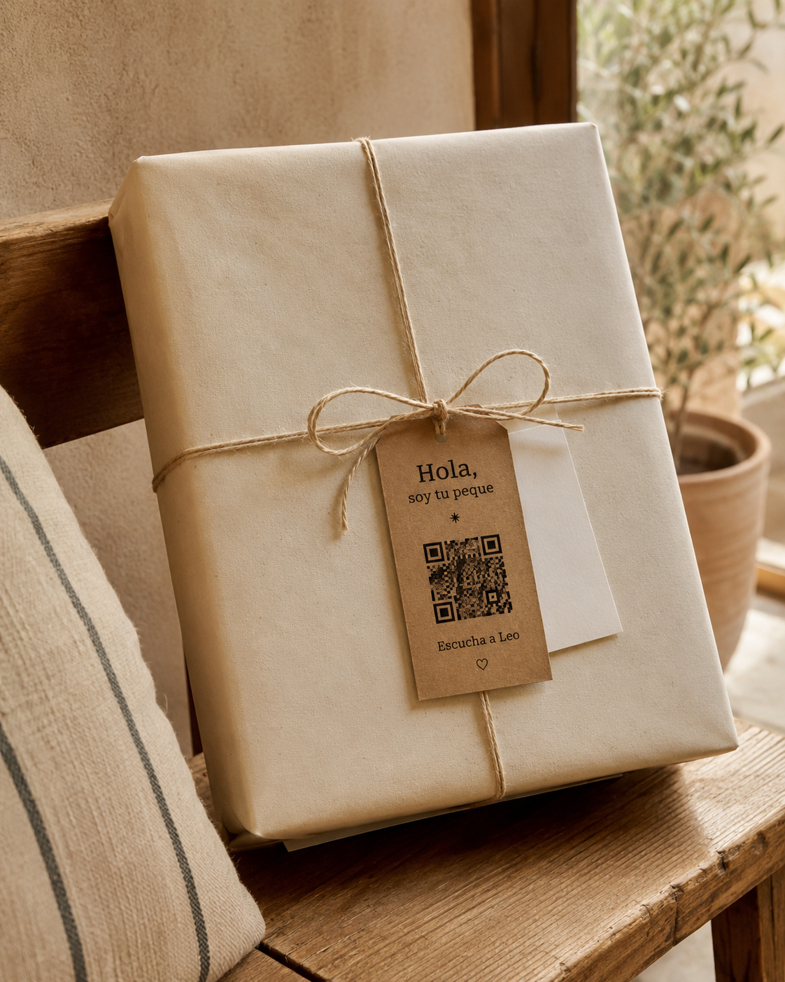 Un regalo envuelto con su tarjeta personalizada y una etiqueta QR